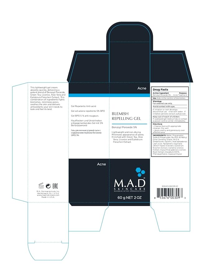 M.A.D Skincare Blemish Repelling Gel - Clinical 5% Benzoyl Peroxide & Alp Sebum Complex Pore Refining Treatment with Green Tea and Licorice 2.0 oz