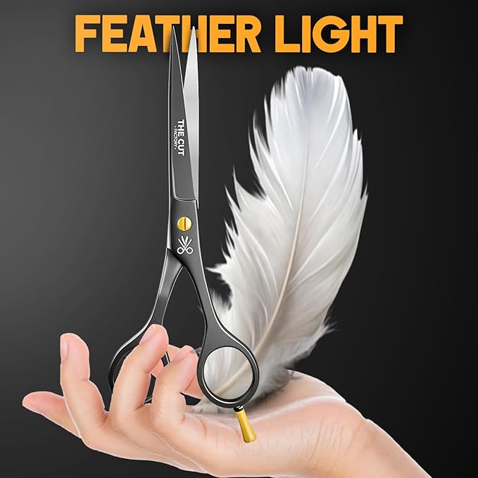 The Cut Factory® 6.5” Matte Black Luxury Hair Scissors – Ultra-Sharp High Carbon Steel Barber Shears for Men, Women & Kids – Gift-Boxed with Leather Pouch – Precision Cutting for Salon & Home