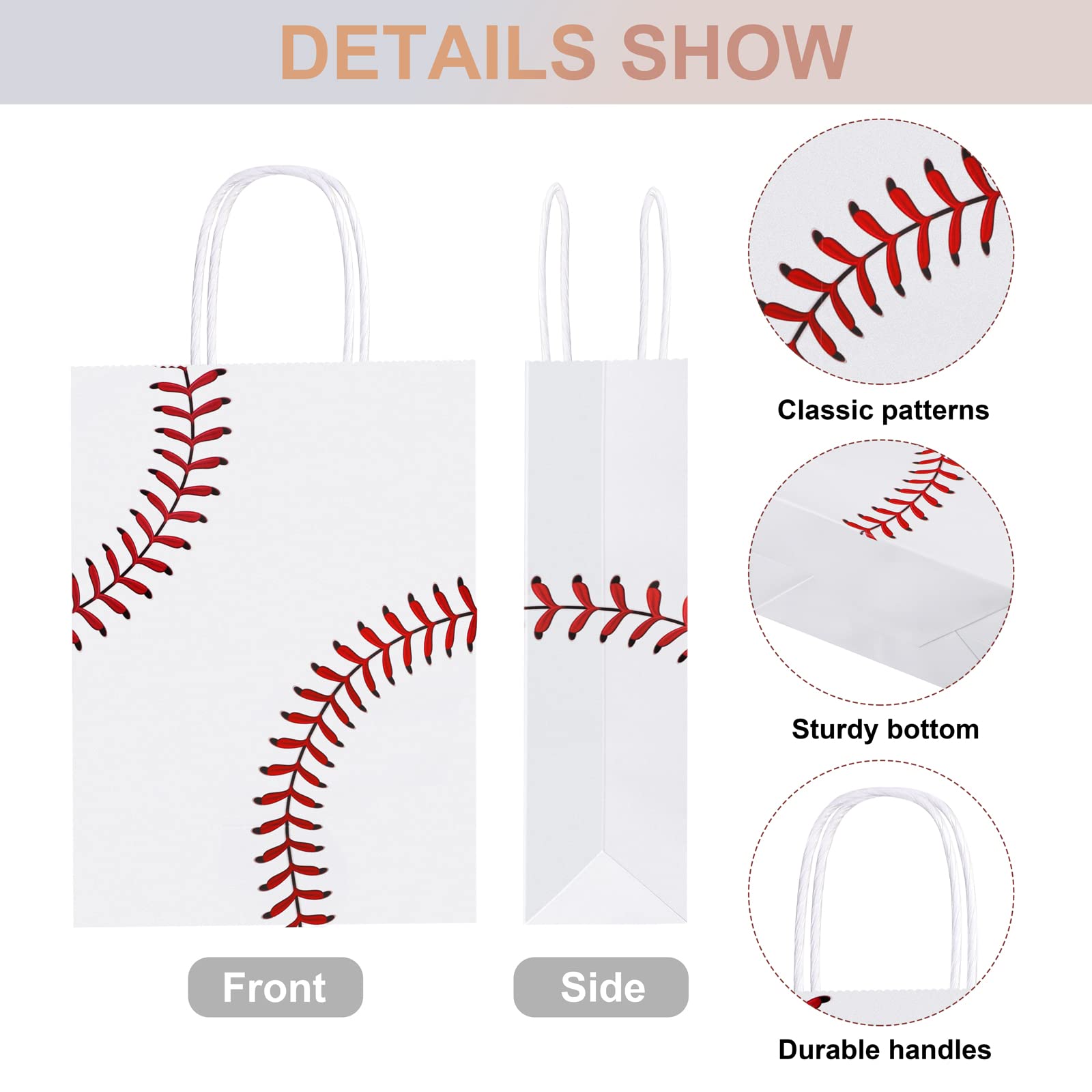 durony 16 Pieces Baseball Party Favor Bags with Handles Tissue Paper Gift Bags Goodie Candy Treat Bag for Birthday, Baseball Themed Party Supplies (8.6 x 6.2 x 3.1 Inches)