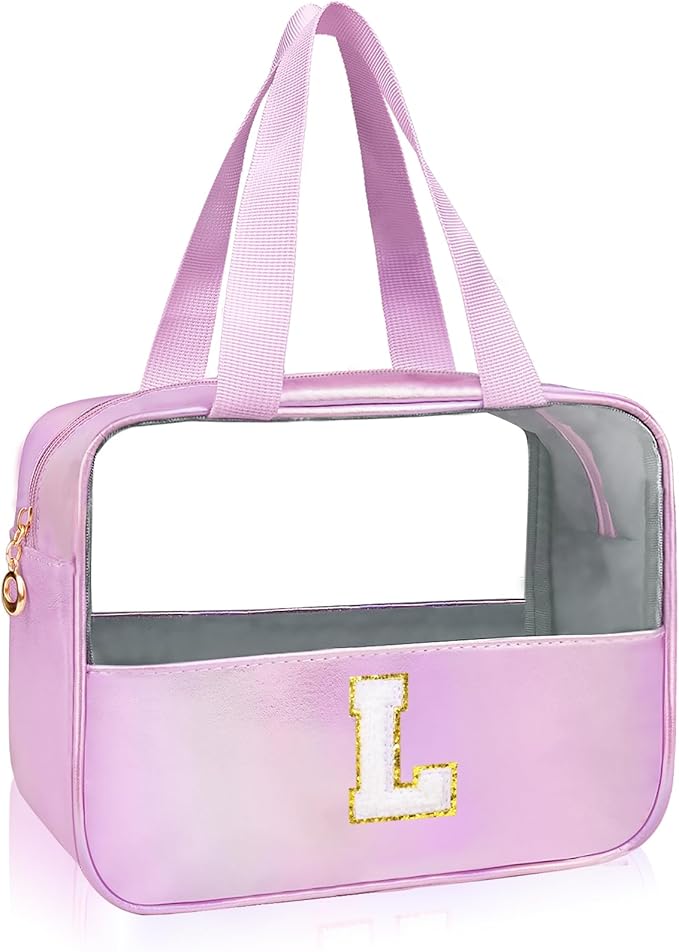 Junesters Personalized Initial L Clear Purple Makeup Bag - Large Travel Toiletry Bag, Cute Cosmetic Organizer Set for Girlfriend, Teacher, Teen Girl Gifts