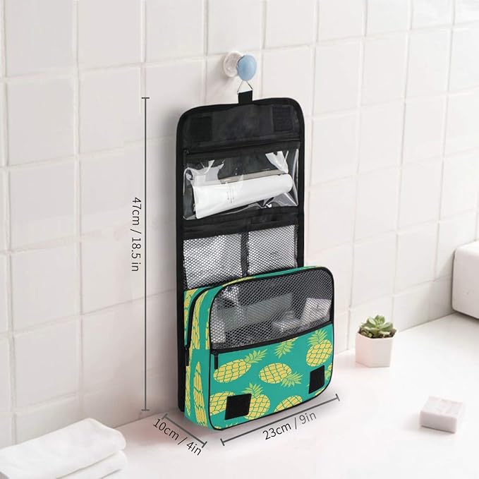 Hanging Toiletry Bag Tropical Fruit Pineapple Pattern Portable Travel Cosmetic Makeup Bag Bathroom Shower Shaving Kit Organizer Bag for Men Women