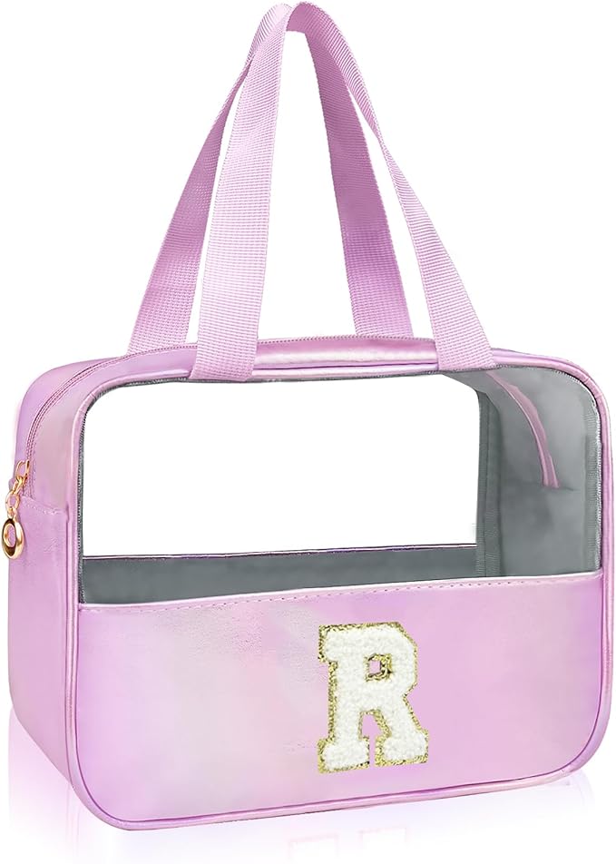 Junesters Personalized Initial R Clear Purple Makeup Bag - Large Travel Toiletry Bag, Cute Cosmetic Organizer Set for Girlfriend, Teacher, Teen Girl Gifts