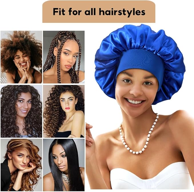 3+3 Large Satin Bonnets with Scrunchies for Women, Wide Band Hair Bonnet for Sleeping Braids Curly Hair, C