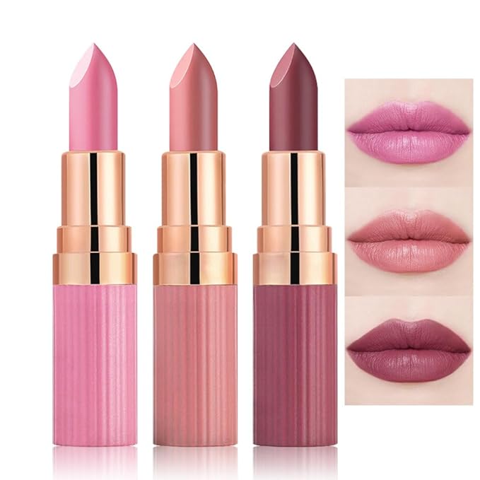 CAKAILA 3Pcs Nude Pink Purple Mauve Lavender Lip Stick,Matte Cream Lipstick Set for Women,Long Lasting Waterproof Smudge Proof Velvet lipsticks Crayon,Lip Makeup Kit Travel Size,Vegan & Cruelty-free