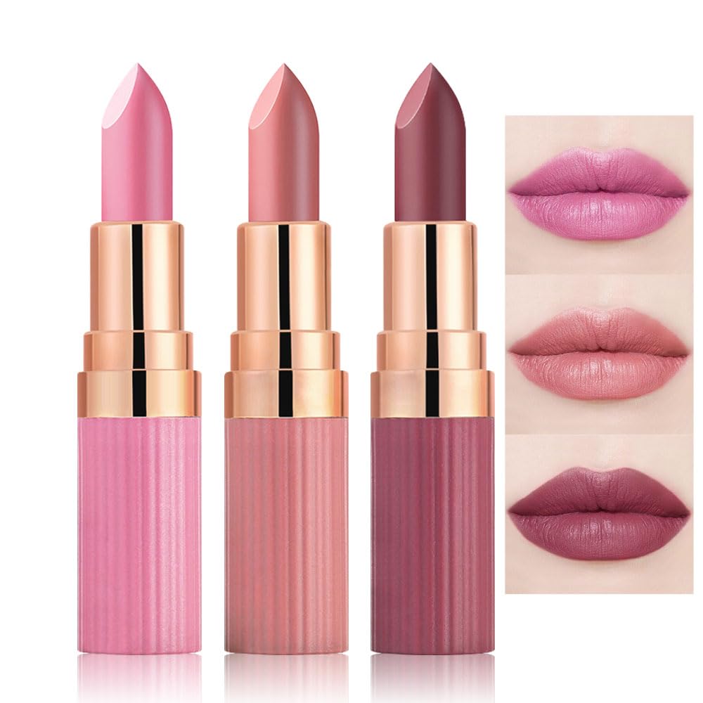 CAKAILA 3Pcs Nude Pink Purple Mauve Lavender Lip Stick,Matte Cream Lipstick Set for Women,Long Lasting Waterproof Smudge Proof Velvet lipsticks Crayon,Lip Makeup Kit Travel Size,Vegan & Cruelty-free