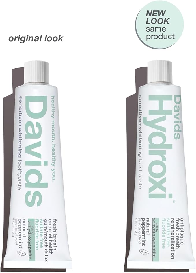 Davids Hydroxi Fluoride Free Nano Hydroxyapatite Toothpaste for Remineralizing, Sensitive Support, Whitening, Antiplaque, SLS Free, Natural Peppermint, 4oz, Made in USA (3 Pack)