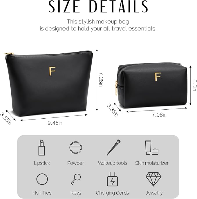 Women Gifts | Initial Makeup Bag Set for Girl Personalized Gifts for Bridesmaid Friend Graduation Teachers PU Leather Cosmetic Travel Toiletry Bag(Black,F)