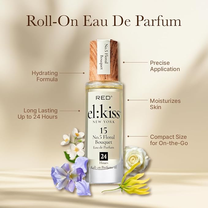 EL:KISS Roll On Perfume, No 5 Floral Bouquet, Eau de Parfum 12mL (.40 Fl Oz), Hydrating & Long-Lasting, Alcohol & Mineral Oil-Free, Infused with Jojoba, Argan & Coconut Oil