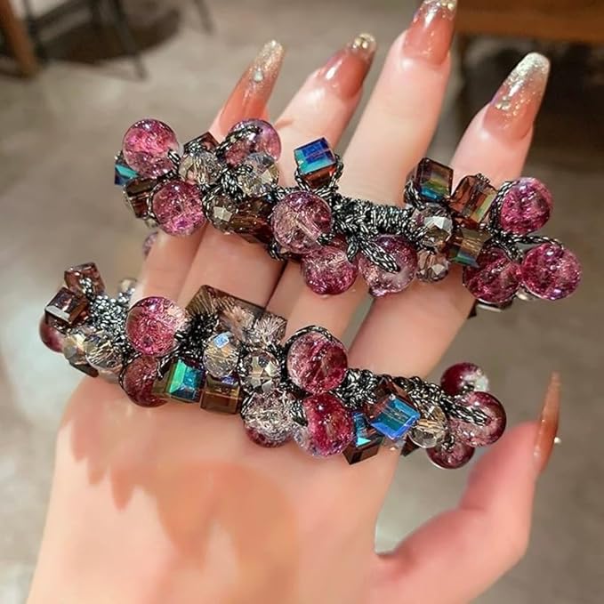 Siluannan Crystal Beaded Hair ties Scrunchies, Pink and Blue Glass Beads, Black Elastic Band, 2 Pack hair accessories for women。