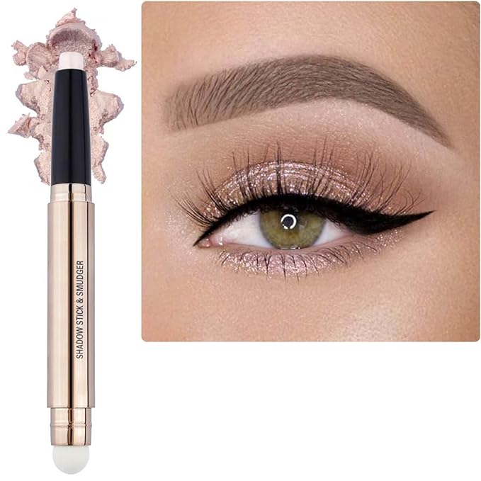 Qeetvia Light Gold Eyeshadow Stick Makeup, Long-Lasting Waterproof Eye Shadow Pencil, Hypoallergenic Smudge-Proof Glitter Primer Palette Shimmer Eyeliner, Easy to Blend Eye Make Up