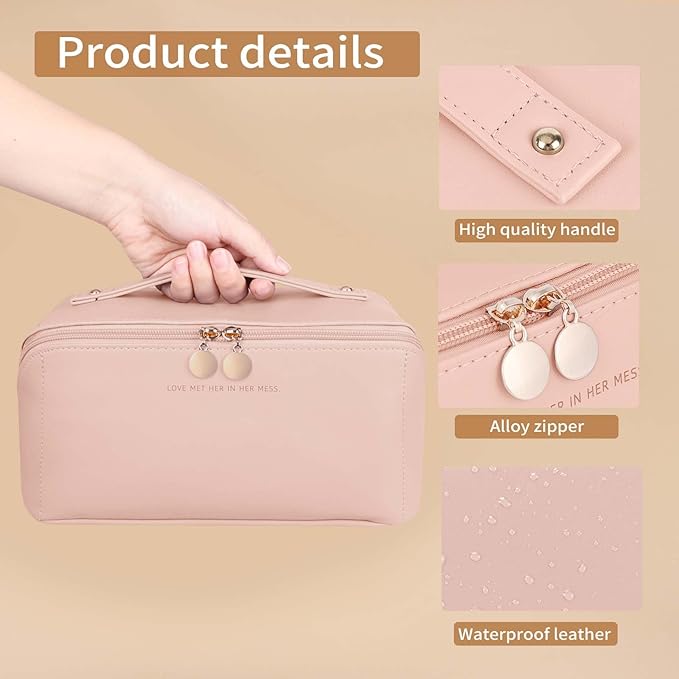 zaleeta Travel Makeup Bag, Large Capacity Cosmetic Organizer Bags for Women, Waterproof PU Leather Toiletry Bags, Wide Open Flat Makeup Case with Divider and Handle