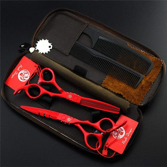 Purple Dragon 6 inch Hair Cutting Scissors Set with Bag for Barbers - Red