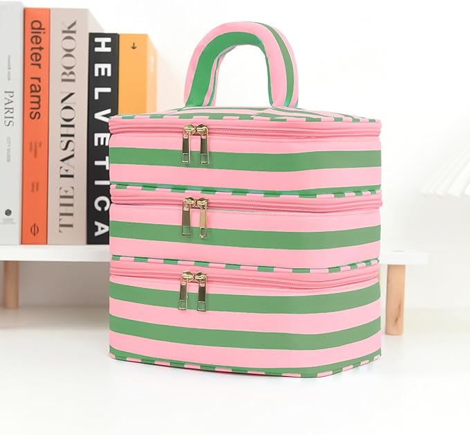 Apxouans Three Layer Makeup Bag for Women Fashion Stripes Cosmetic Bag Preppy Style Travel Water-Resistant Toiletry Bag for Storage Toiletries Cosmetics Sets for Women Teen Girls Green
