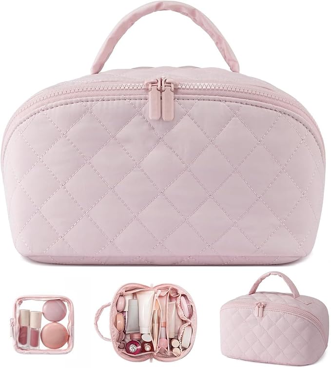 IrisCargo 2 Piece Travel Makeup Bag Organizer for Women, Pink Medium Set