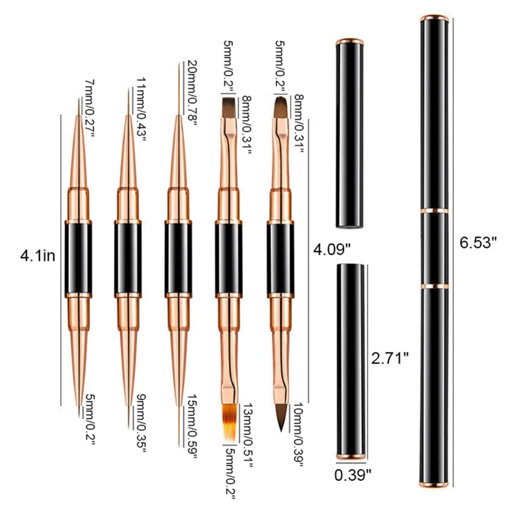 5Pcs Nail Art Bushes Set Double-Ended Professional Gel Polish Nail Art Design Painting Tools Nail Art Liner Brush (5/7/9/11/15/20mm) for Nails Detail, Long Lines, Ombre, Drawing(Black)