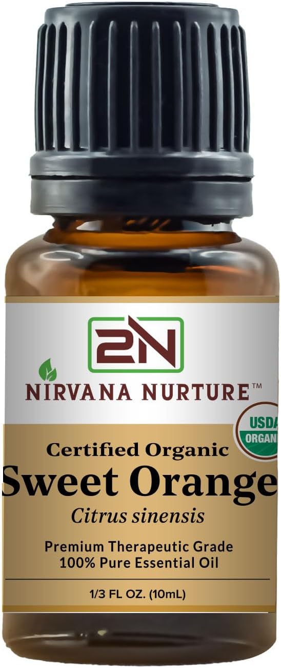 Nirvana Nurture Sweet Orange Essential Oil, USDA Certified Organic, 100% Pure Undiluted, Aromatherapy Oil for Diffuser, Hair & Skin Care