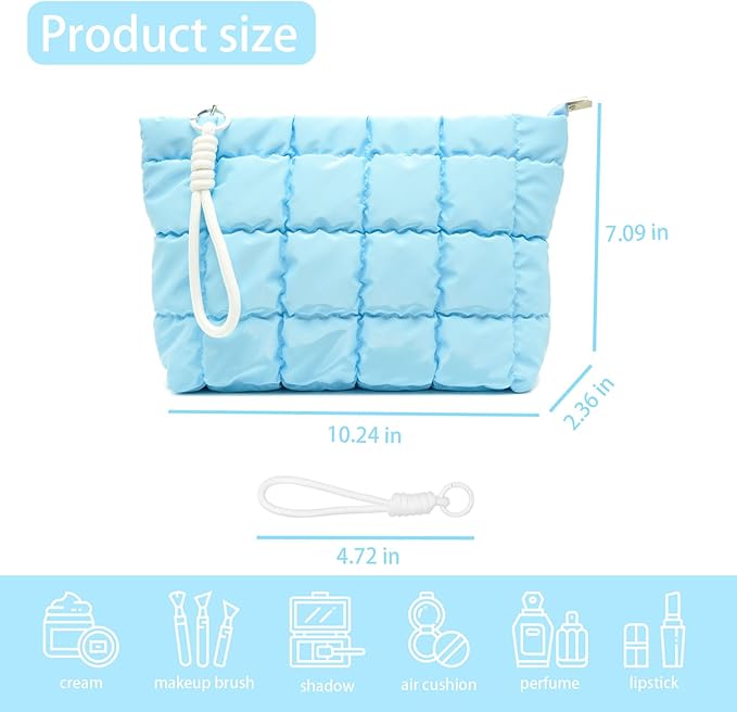 Beayuva Puffer Quilted Makeup Bag Travel Cosmetic Bag Portable Puffy Checkered Toiletry Pouch Skincare Organizer Purse Pencil Case (Light Blue)