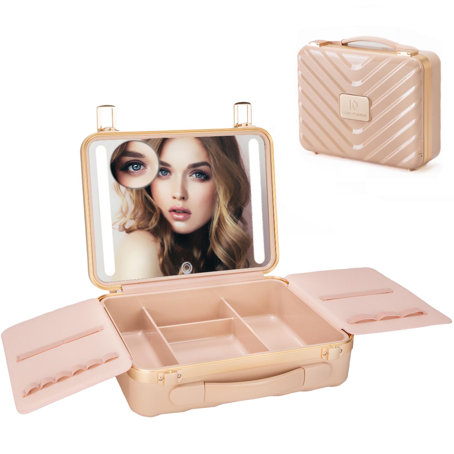 ZhenGuiRu Makeup Case with LED Lighted Mirror, 11.5''x 8.7'' Portable Travel Makeup Organizer, Toiletry Storage Makeup Bag Gift for Lady, DIY Dividers Makeup Box with 5X Magnifying Mirror (Pink)