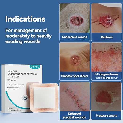 Dimora Silicone Super Absorbent Wound Dressings - Gentle Adhesive Bandages with Ultrasorb Polymer,Heavy Exudate Wound Care Pads 5"X 5" 10 Count