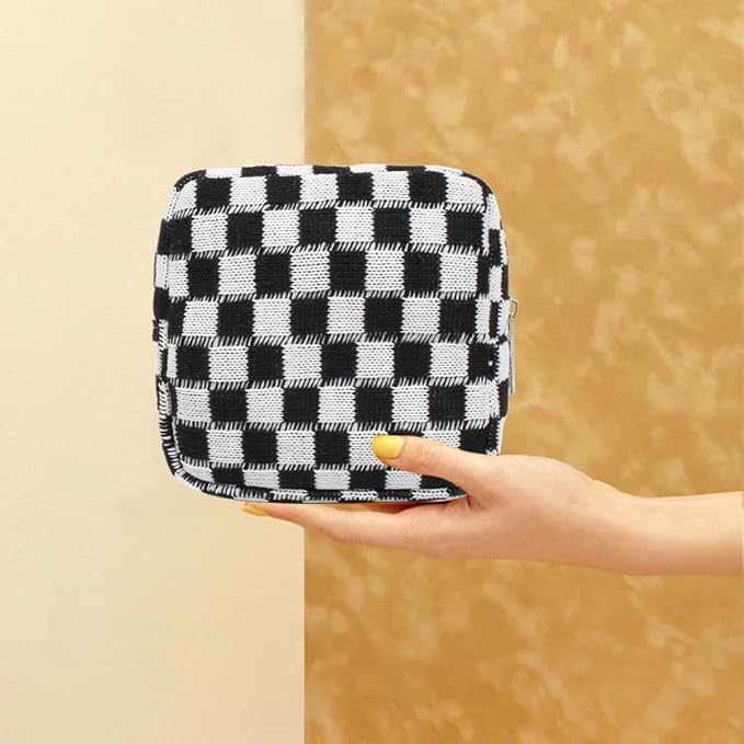 FFpaw Small Black Makeup Bag for Purse, Mini Checkered Cosmetic Bag Zipper Cute Make Up Pouch Travel Toiletry Bag Quilted Aesthetic Accessories Makeup Storage Bag Organizer for Women Girls