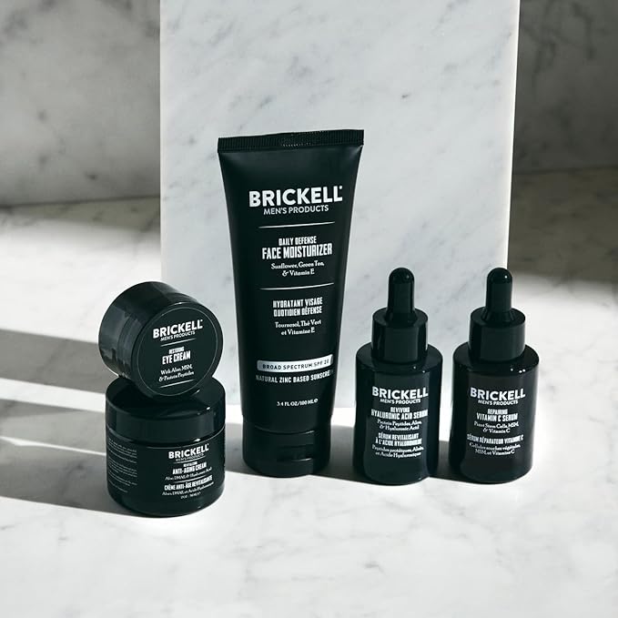 Brickell Men's Complete Defense Anti Aging Routine, Night Face Cream, Day & Night Serum, Facial Moisturizer w/SPF & Eye Cream, With Hyaluronic Acid, Peptides, and Vitamin C, Scented