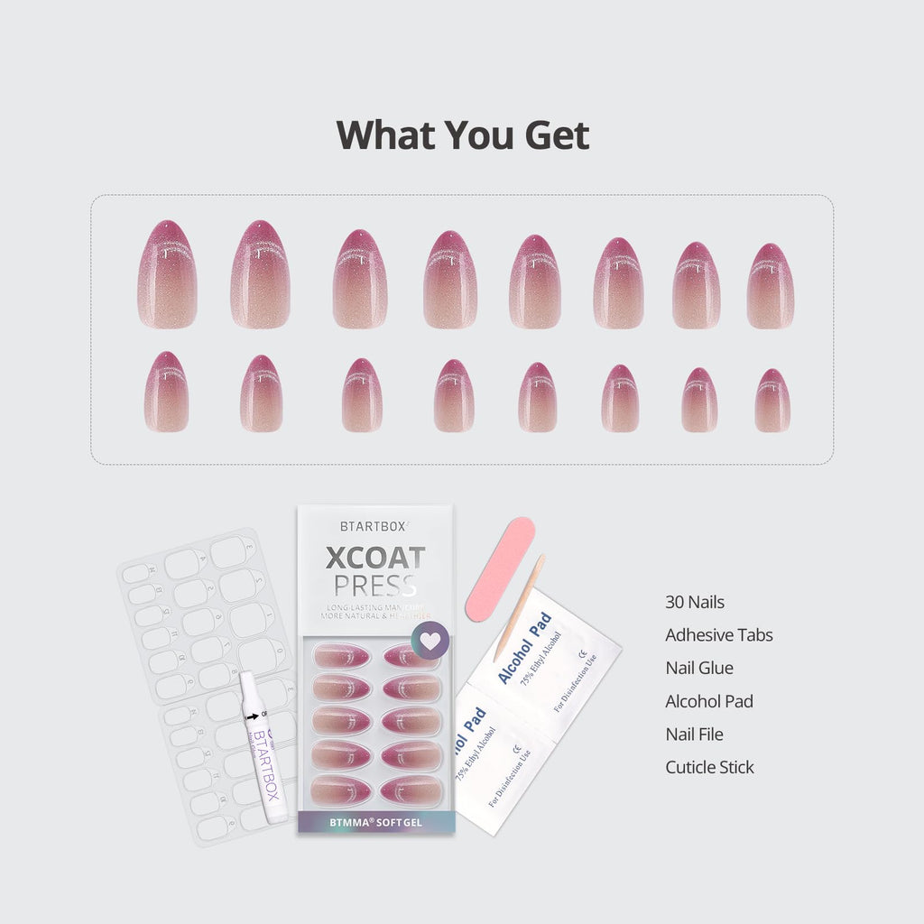 BTArtbox Press On Nails, Rosy Dew, Medium Almond, Pink Cat Eye, 30Ct