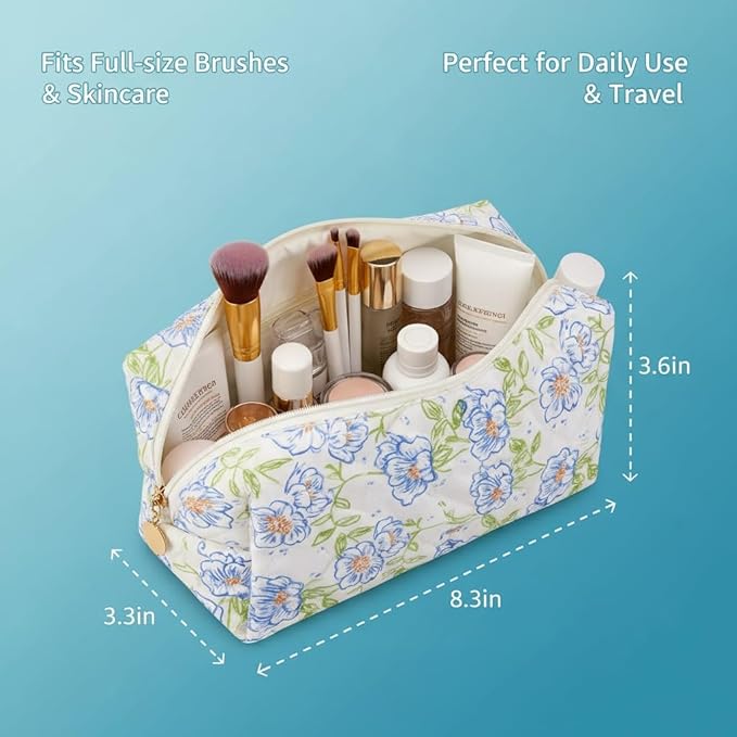 OIMEI Floral Quilted Cotton Makeup Bag for Women, Large Capacity Travel Cosmetic Pouch with Zipper, Cute Toiletry & Brush Organizer, Kawaii Makeup Storage Case – Blue Flowers