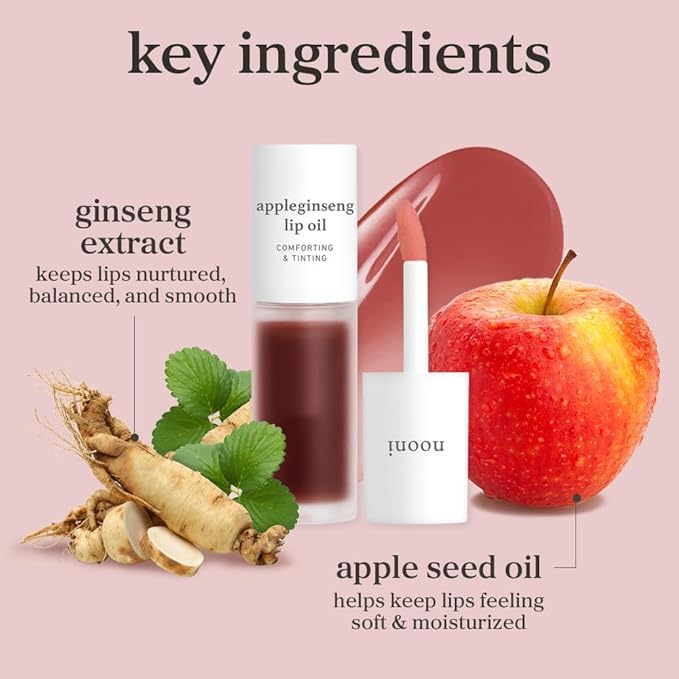 NOONI Korean Lip Oil - Appleginseng - Plumping & Hydrating Tinted Lip Gloss