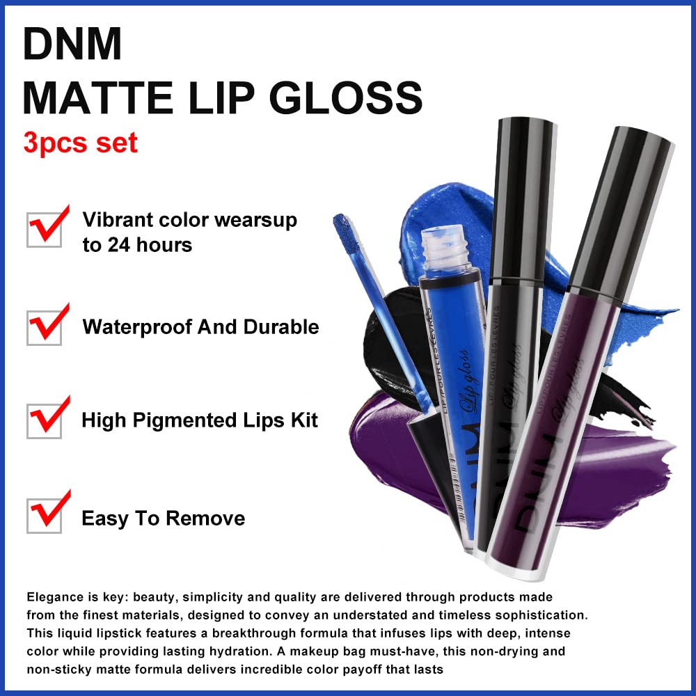 AMY'S DIARY 3Pcs Matte Liquid Lipstick Sets, Blue Dark Black Purple Matte Lipstick Lip Stain Long Lasting 24 Waterproof Lip Gloss Gift Set for Women Lippies (07)