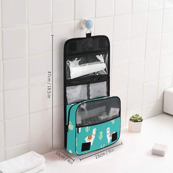 senya Hanging Travel Toiletry Bag Kit Makeup Case Cosmetics Organizer for Men Women Green Llama Alpaca And Cactus
