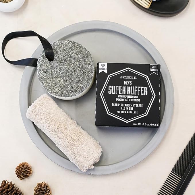 Spongellé Men's Super Buffer, Verbena Absolute | 20+ Washes | Body Wash Infused Exfoliating Body Scrubber | Loofah Sponge For Men | Gift for Father's Day, Vegan, Dermatologist-Tested, Made in USA