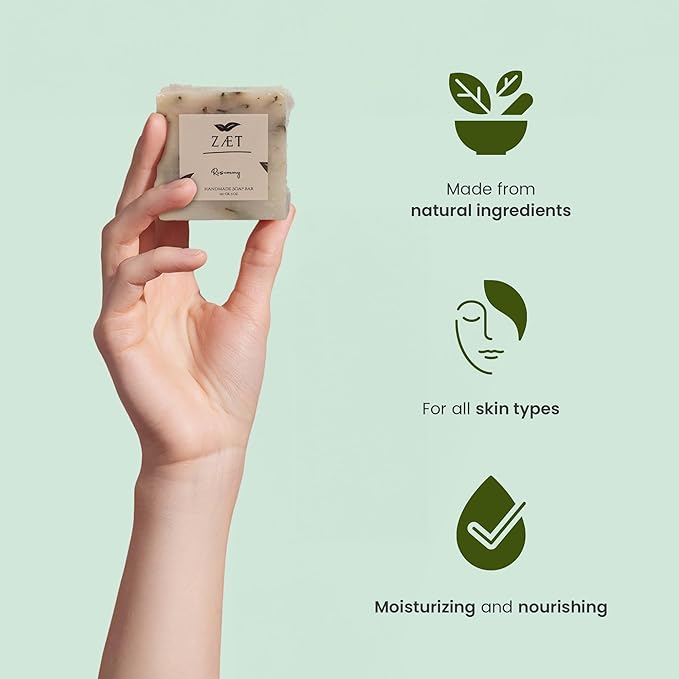 ZÆT 4-Pack Rosemary Bar Soap – Made with Rosemary Leaves, Olive Oil and Coconut Oil - Handmade Soap Bar for Face, Body and Hands - Gently Cleanses and Hydrates All Skin Types- For Men and Women