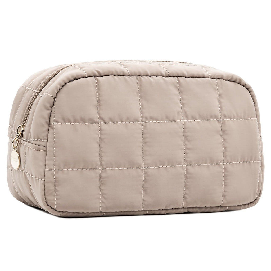 LOVELYWIND Makeup Bag, Quilted Puffy Travel Toiletry Bag with Compartments, Wide-Open Cosmetic Bag for Women, Pouch Purse Organizer, Camel