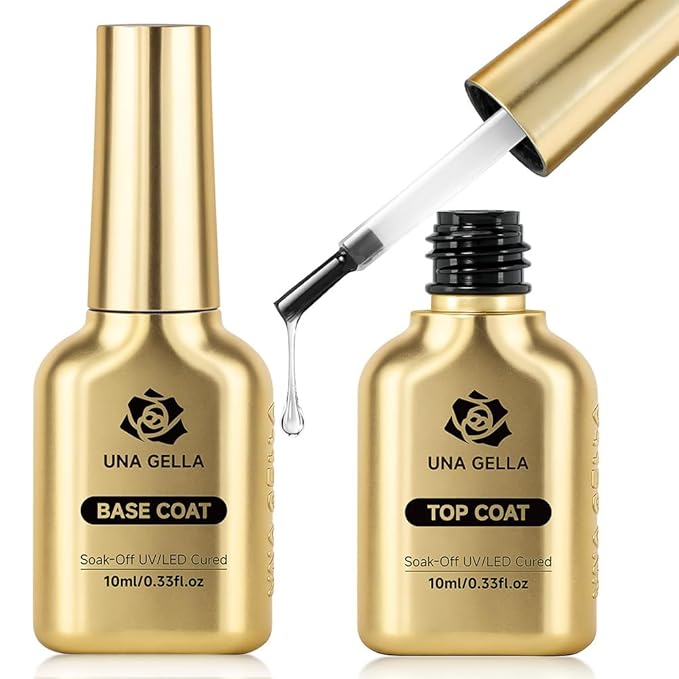 UNA GELLA No Wipe Gel Top Coat Base Coat Set, 2PCS Highly Glossy Top Coat Gel Nail Polish Strengthen and Acid-Free Clear Nail Base Soak Off, Key to Manicure for Her (U V Cure Need)