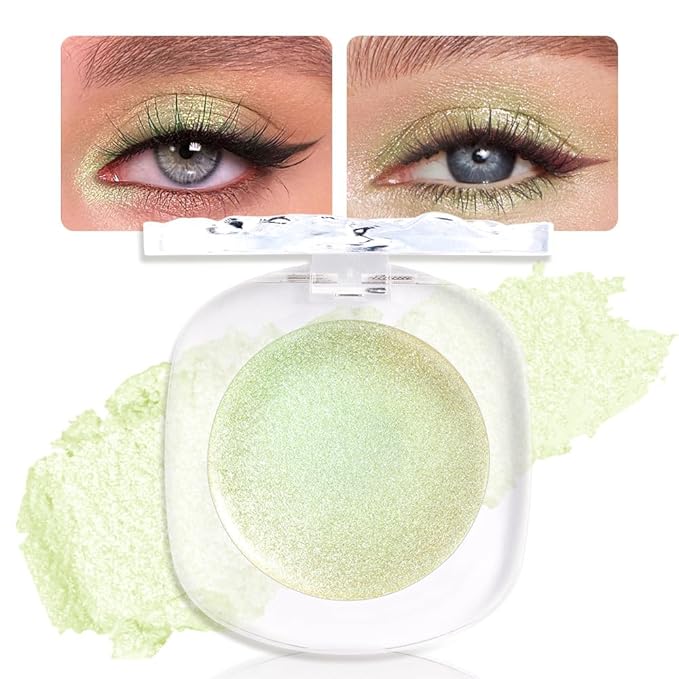 FeiCuiYun Light Green Cream Glitter Shimmer Metallic Eyeshadow Palette Makeup, Natural Single Mini Instant Holographic Eyeshadow For Women Halloween Birthday Party Wear, Sombras Crema Para Ojos