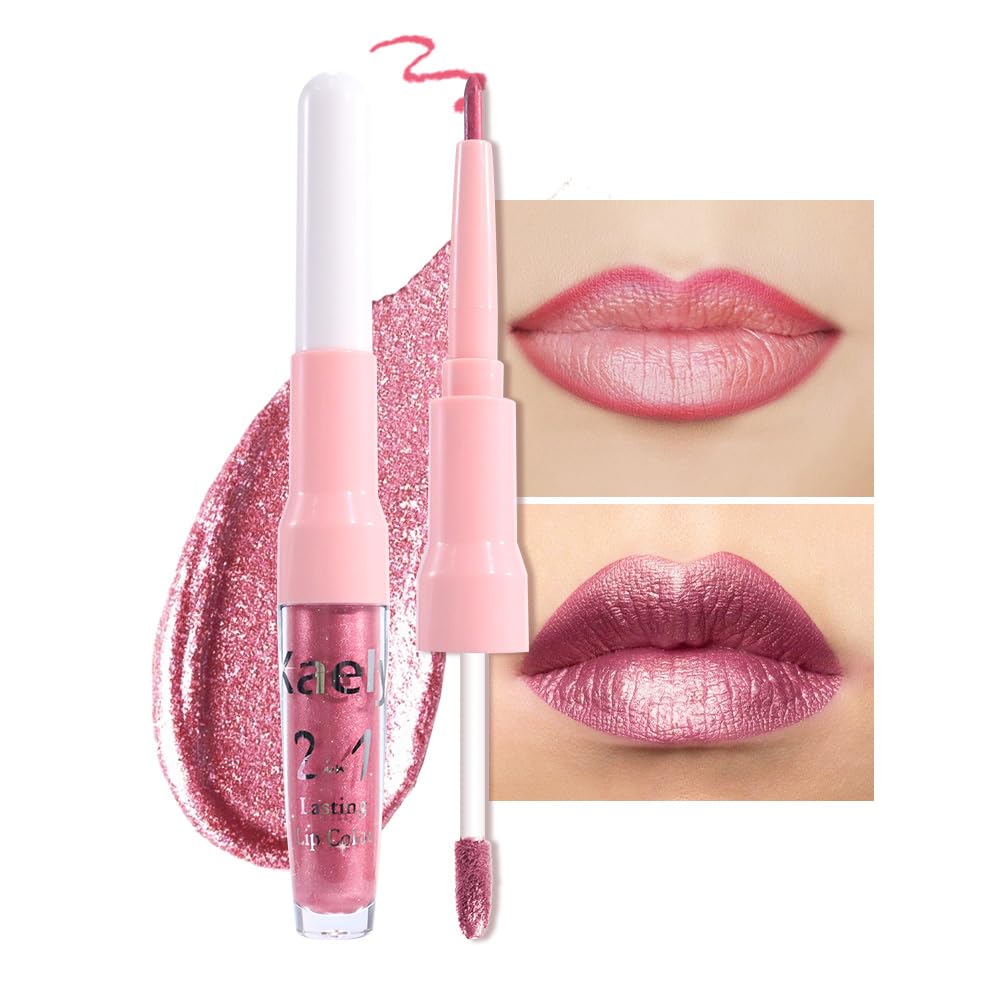 evpct Warm Pink Metallic Glitter Lip Liner and Lipstick Combo Lip Gloss Stain Set Makeup for Women Long Lasting Waterproof 24, Baby Pink Metallic Shimmer Frosted Iridescent Glossy Liquid Lipstick 12