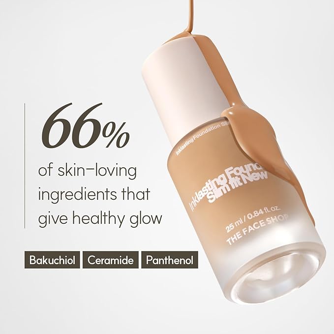 THE FACE SHOP Ink Lasting Liquid Foundation, Full Coverage, 72‑Hour Wear Semi‑Matte Finish, Makeup with Bakuchiol, N610 Pecan, 0.84 Fl. Oz.