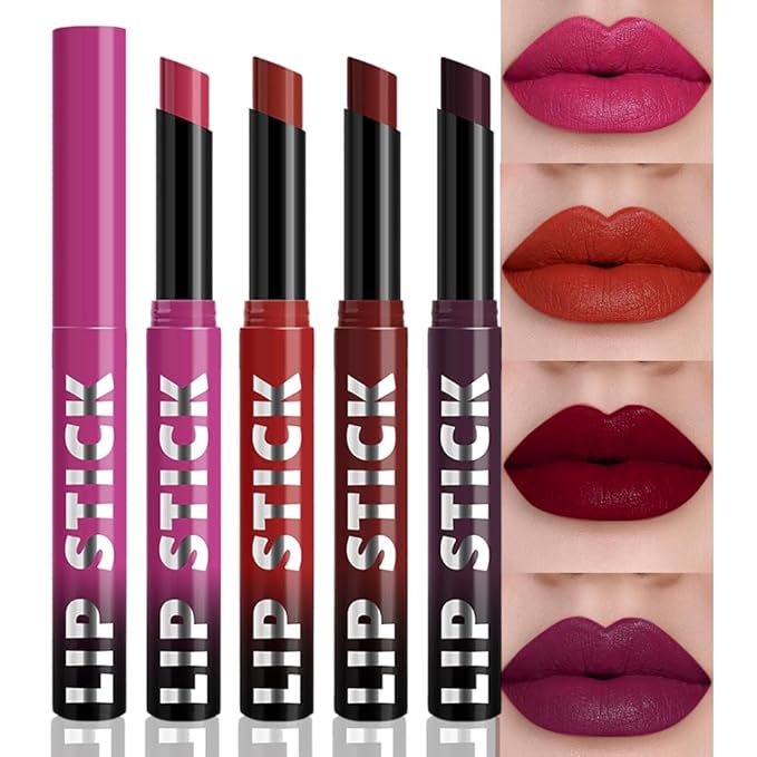 IATMOMOD 4Pcs Matte Lipstick Set for Women, Hot Pink Orange Red Maroon Plum Purple Vegan Lip Bar, Long Lasting Waterproof Transfer-Proof 24H Moisturizing All-Day Lip Color SetA02#