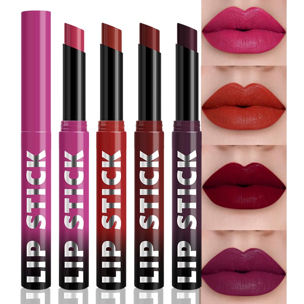 IATMOMOD 4Pcs Matte Lipstick Set for Women, Hot Pink Orange Red Maroon Plum Purple Vegan Lip Bar, Long Lasting Waterproof Transfer-Proof 24H Moisturizing All-Day Lip Color SetA02#
