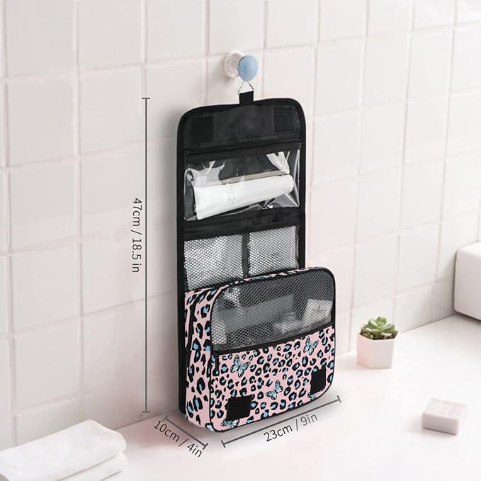 senya Hanging Travel Toiletry Bag Blue Butterfly Leopard Print Kit Makeup Case Cosmetics Organizer for Men Women 1.0 Fl Oz