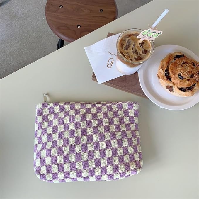 PAZIMIIK Checkered Makeup Bag for Purse, Small Flat Cosmetic Pouch,Purple