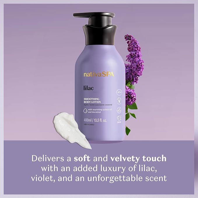 Nativa SPA by O Boticário, Lilac Smoothing Body Lotion with Nourishing Quinoa Oil + BioRetinol, Fragranced Skin Moisturizer, 13.5 Ounce