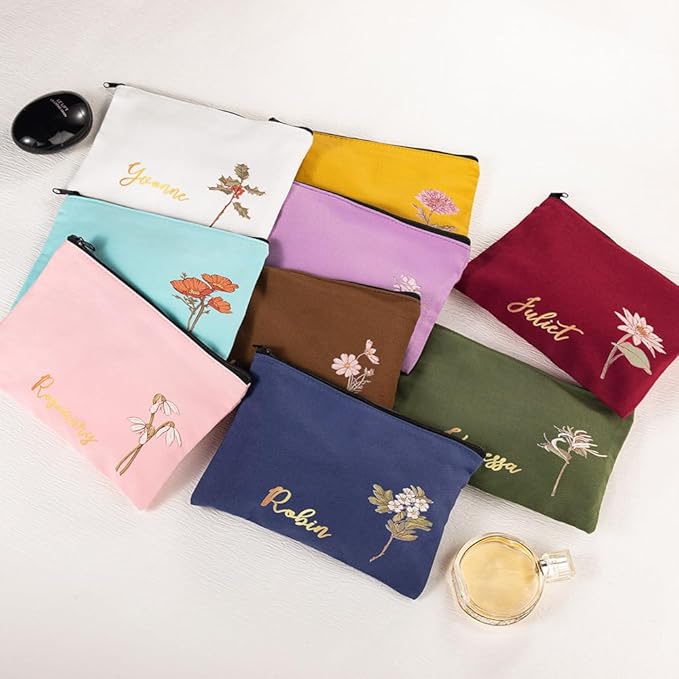 BYFDIY Custom Name Makeup Bag Personalized Name Birth Flower Small Cosmetic Bag Birthday Gifts For Women Mother Bridesmaid Size 7.9×5.5INCH