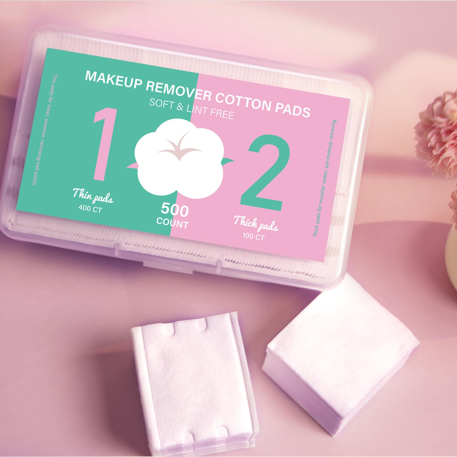 ICOTLE Square Makeup Cotton Pads, 200 Thick and 800 Ultra-Thin Soft, Lint-Free Pads for Makeup Removal, Toner Application and Daily Skincare