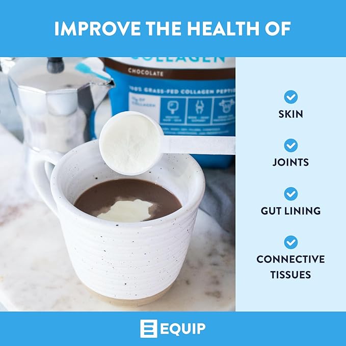 Equip Foods Grass Fed Collagen Powder -100% Hydrolyzed Bovine Collagen Peptides with Amino Acids - Prime Beef Collagen for Healthy Joints, Skin & Nails - Non-GMO, Paleo Friendly, 1.23 Pound, Chocolate