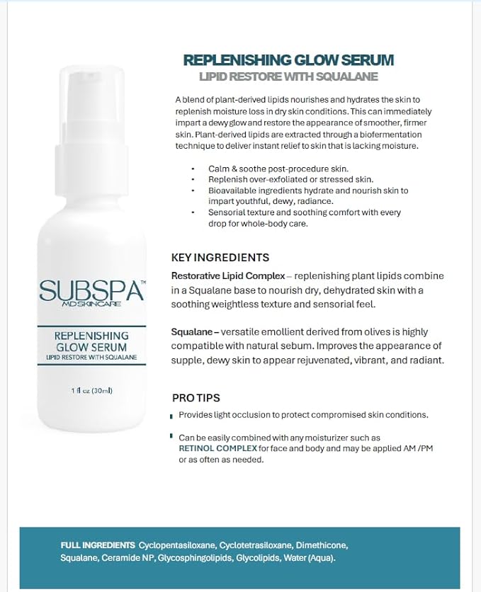 SubSpa MD Replenishing Glow Serum with Squalane - Doctor-Developed– Deep Hydration & Skin Barrier Support – Lightweight, Non-Greasy Formula (1 fl oz)