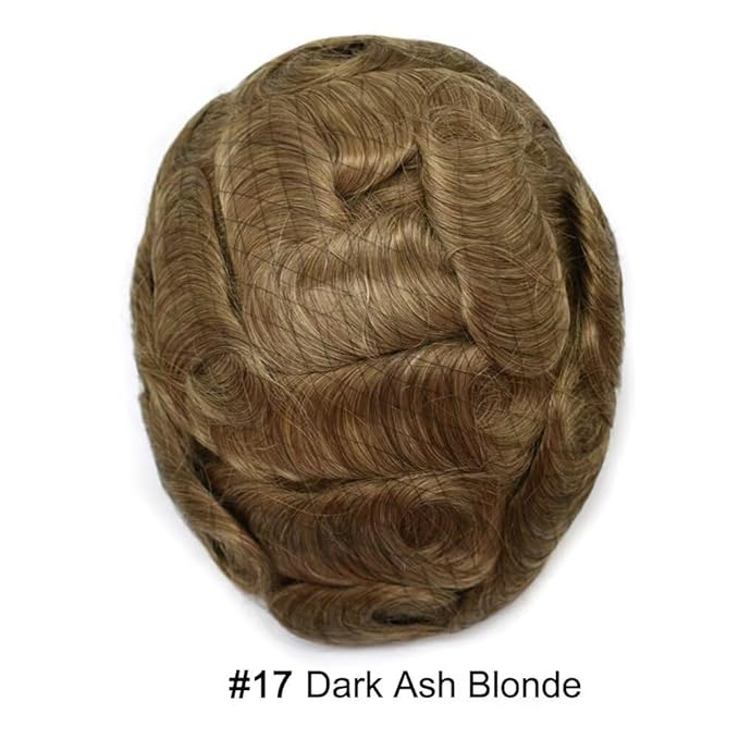 FACE MIRACLE Hair System for Men French Lace Mens Toupee Human Hair Replacement System Lace with PU Toupee for Men Male Hair Piece Wigs 6"X9" 17#DARK ASH BLONDE