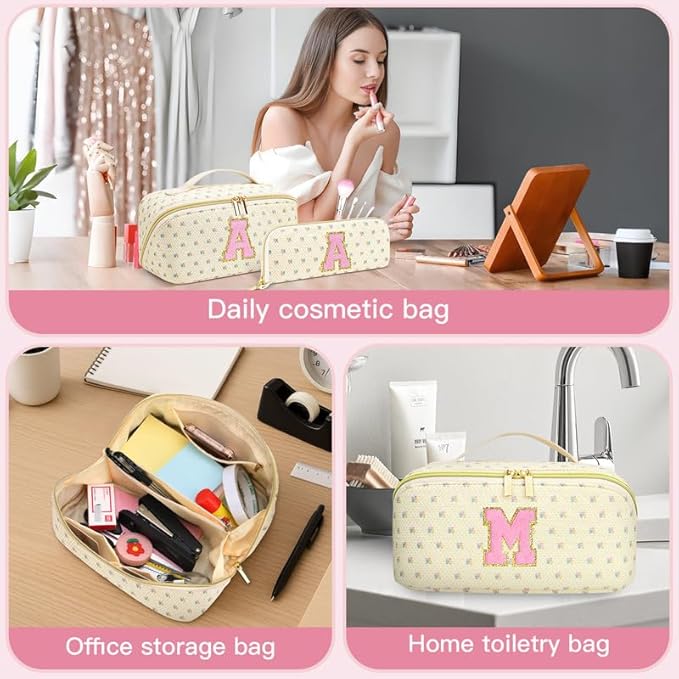 Personalized Travel Makeup Bag Set,Initial Travel Cute Floral Makeup Organizer Bag,Toiletry Skincare Cosmetic Bag,Christmas Gifts for Women/Girls,Open Flat Toiletry Pouch with Brush Pocket-V
