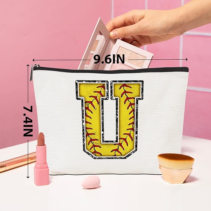 Softball Gifts Initial U Makeup Bag Softball Gifts for Team Cosmetic Bag