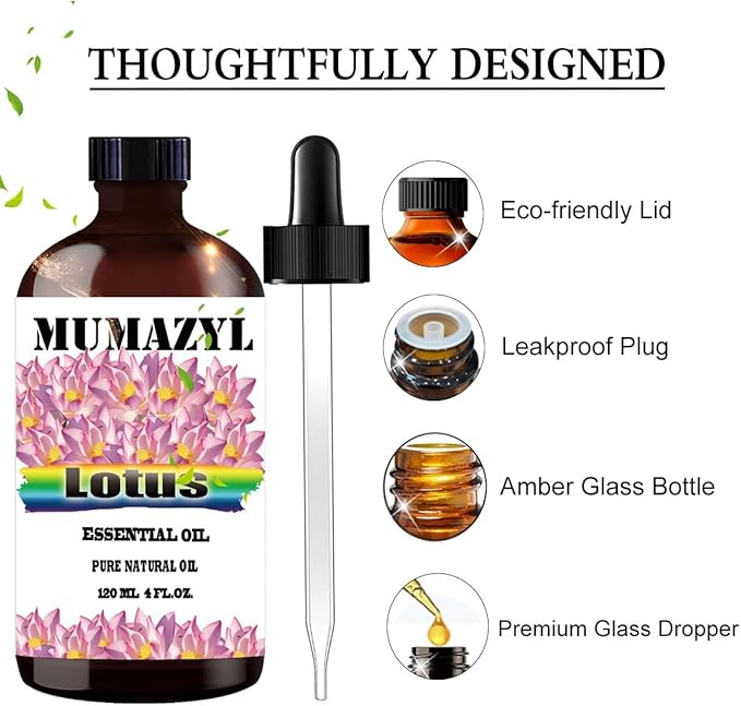 Lotus Essential Oil, Lotus Oil 4 Fl Oz 120ML for Diffuser Humidifier Yoga Cleaning DIY Candle Soap Making MUMAZYL Essential Oils